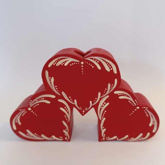 Handmade Other - VTG Hand Painted Wooden Scandinavian Three Hearts Heart Taper Candle Holder Deco